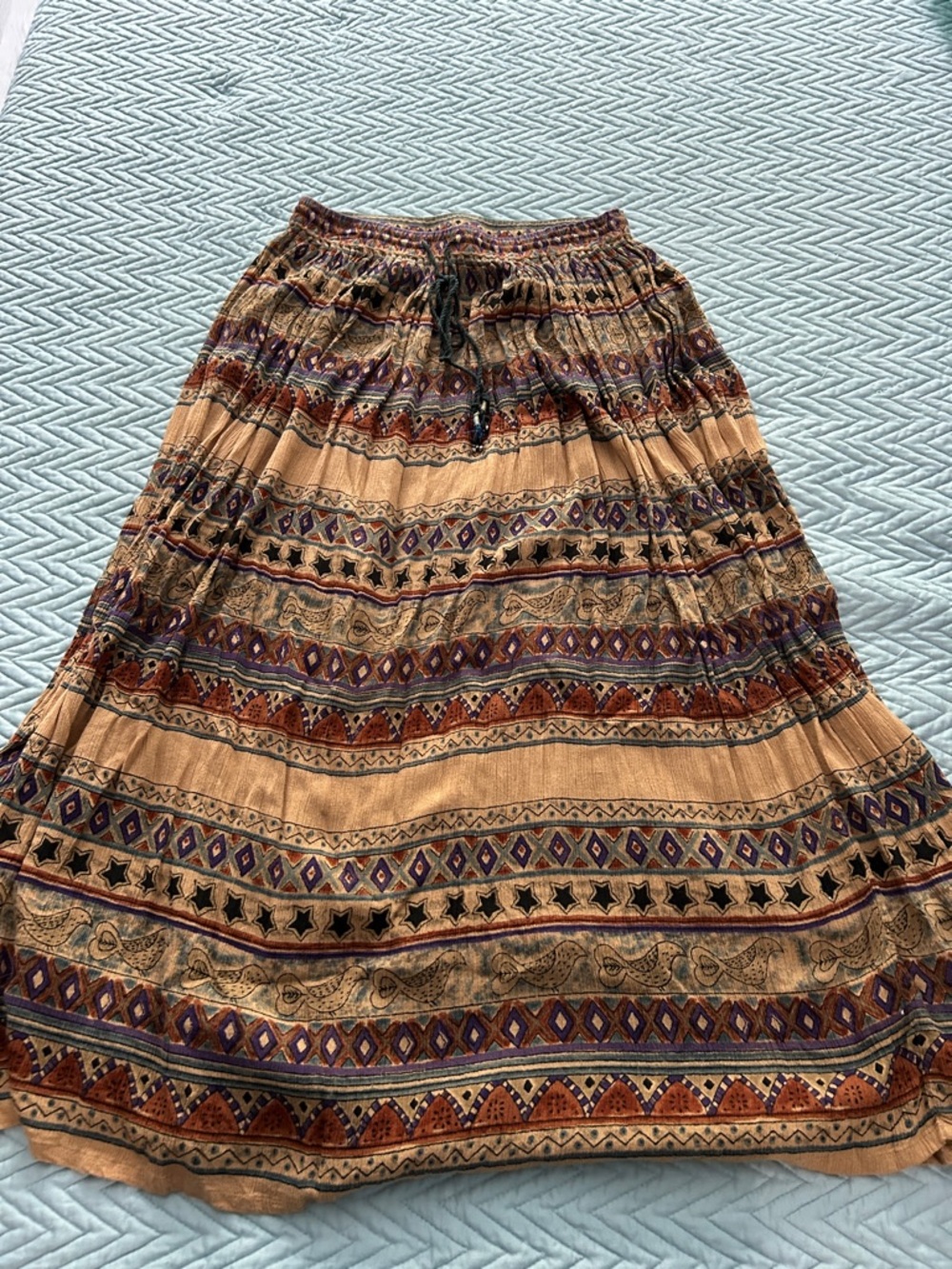 Vintage Bohemian Patterned Maxi Skirt in Tan and Multi-Color